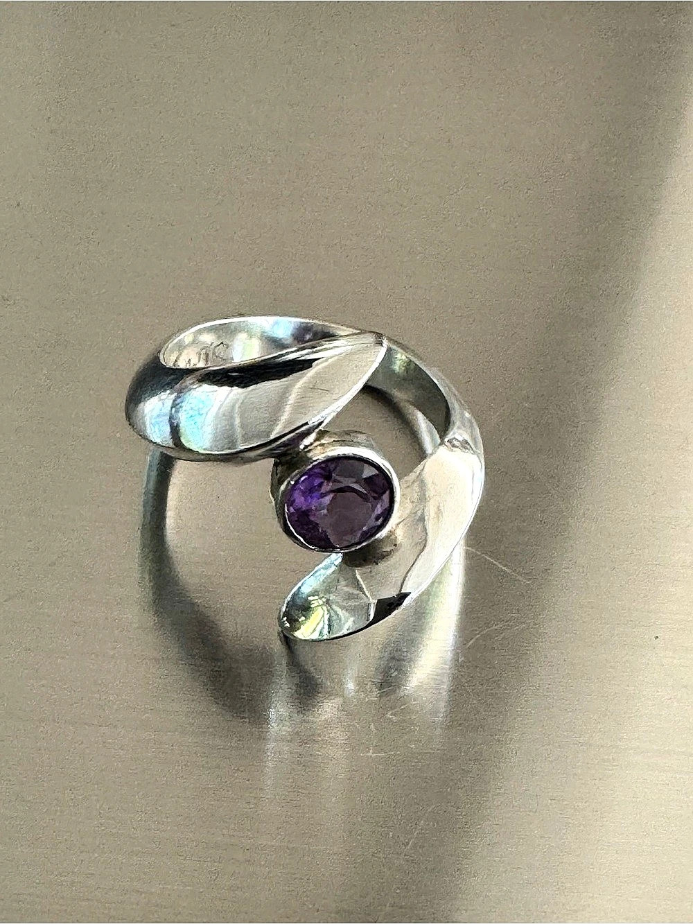 Signed Sculptural 925 Silver Purple Stone Bypass Statement Ring